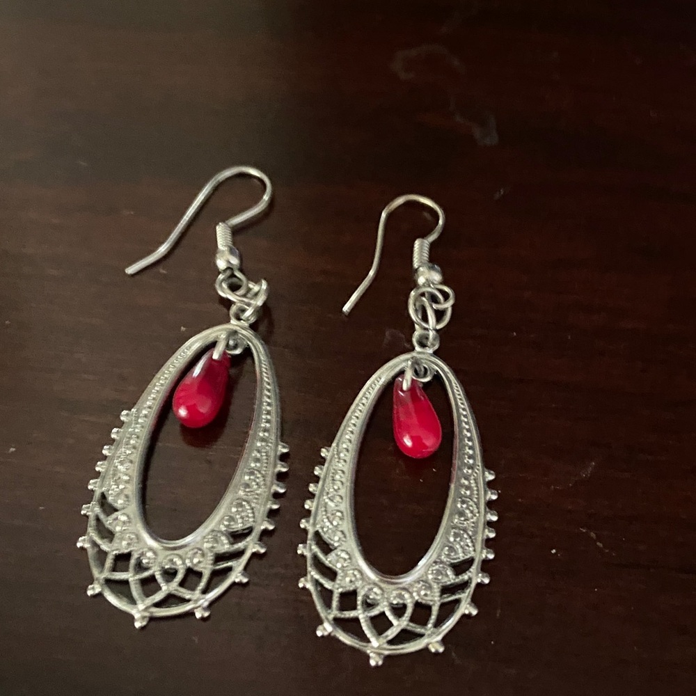 Elegant Silver and Red Teardrop Earrings